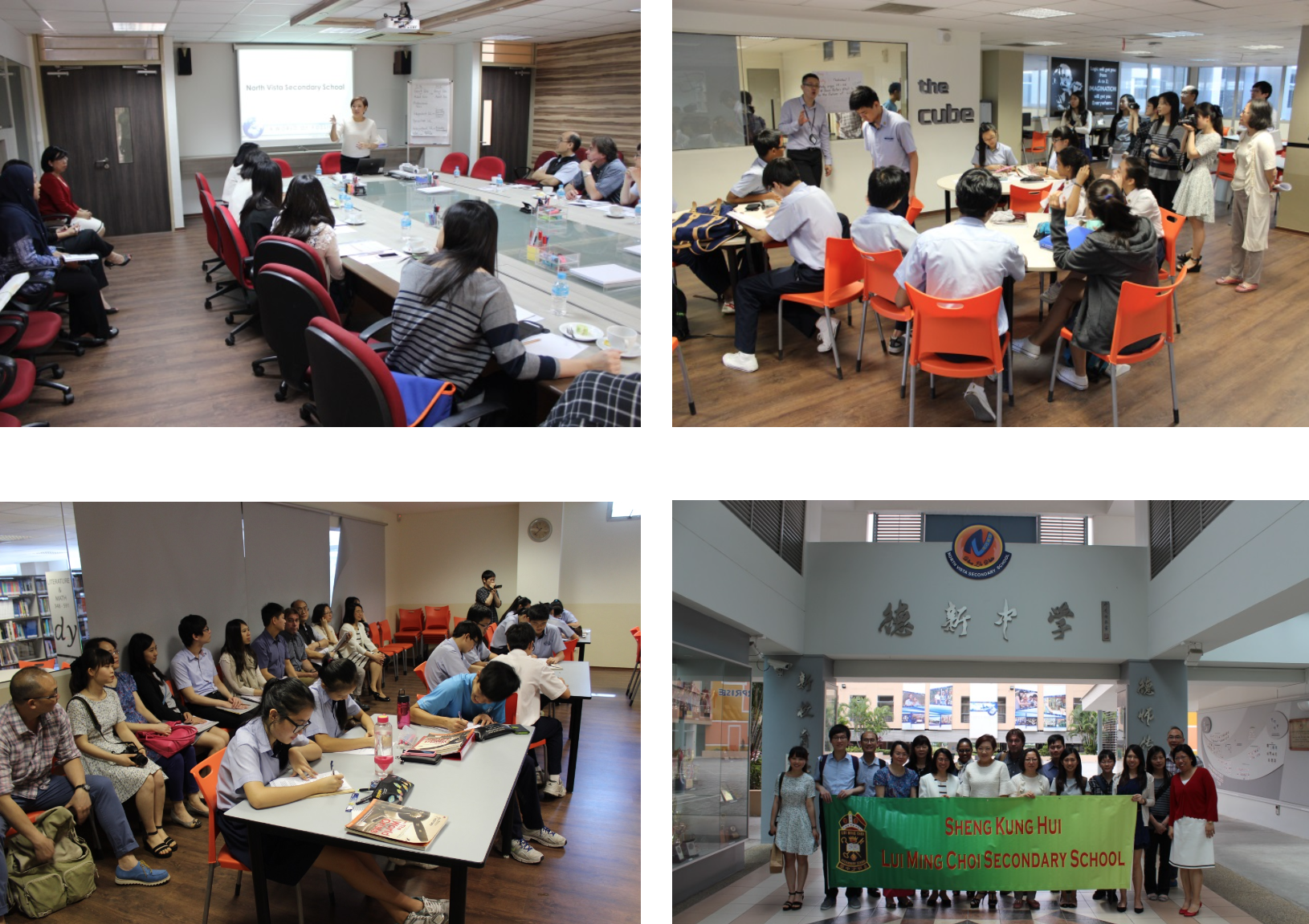 Four scenes of a school visit: meetings, group activities, and a group photo holding a Sheng Kung Hui banner.